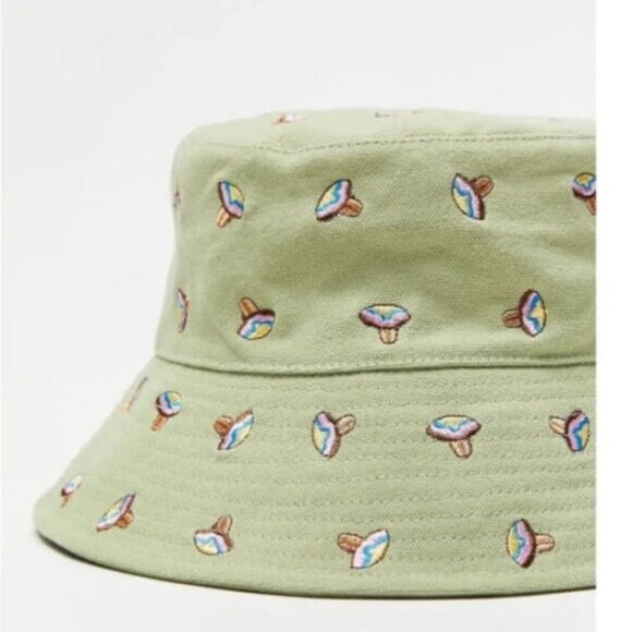 New Urban Outfitters Women One Size Bucket Hat Mushroom Embroidered Boho Green - Picture 1 of 8